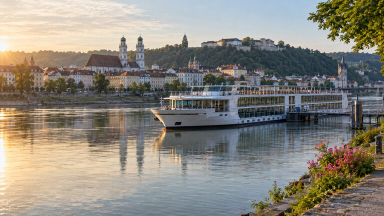 River cruise ship moored near a European old town