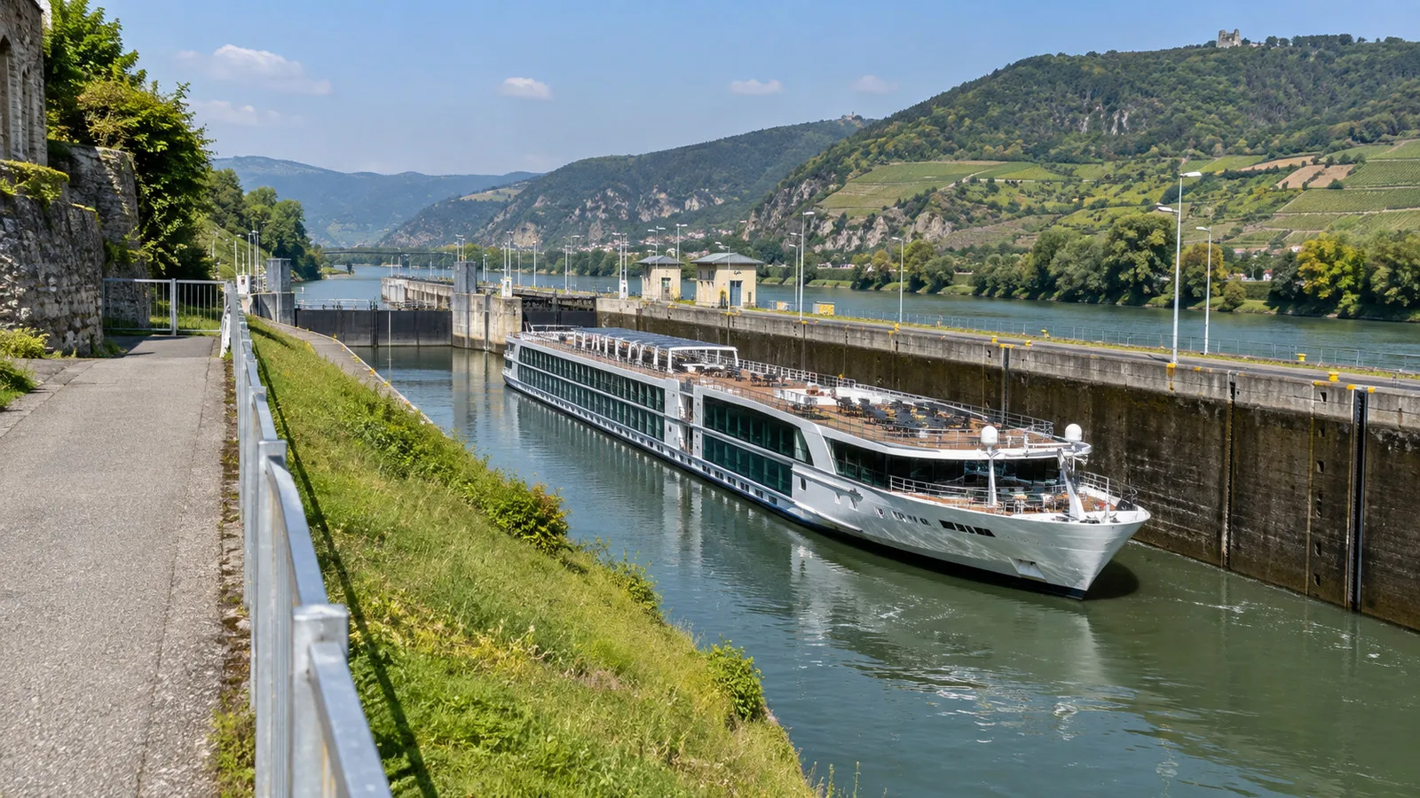 River cruise ship passing a lock while guests are ashore
