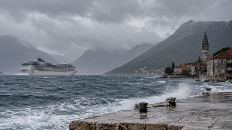Cruise ship offshore in rough gray weather near a closed tender port