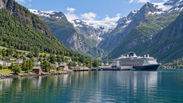 Cruise ship at Skjolden pier at the head of Lustrafjord