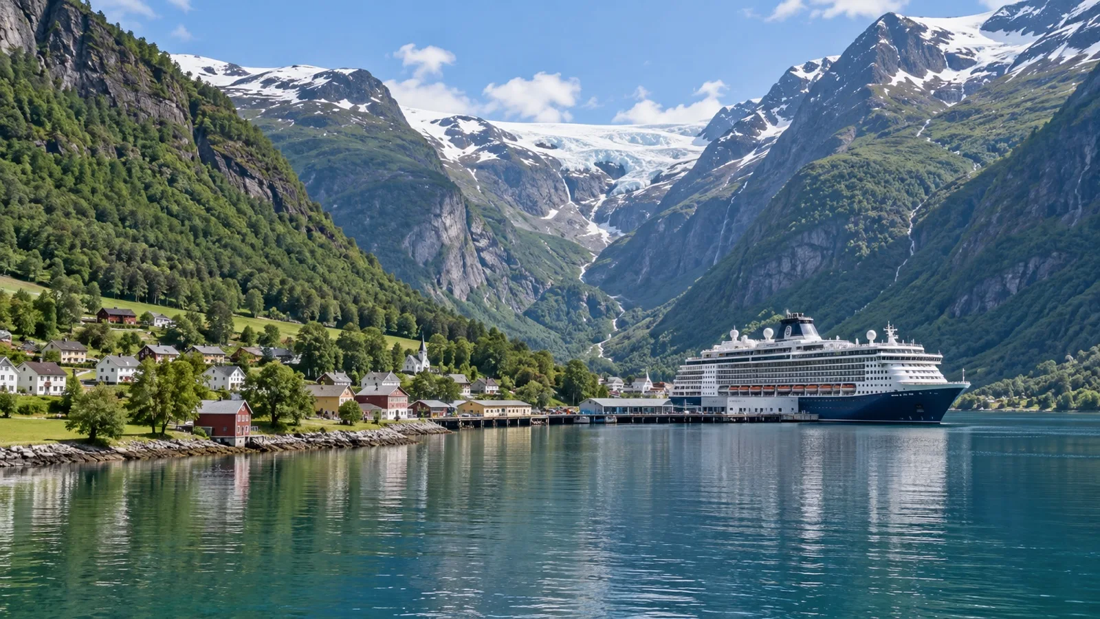 Cruise ship at Skjolden pier at the head of Lustrafjord