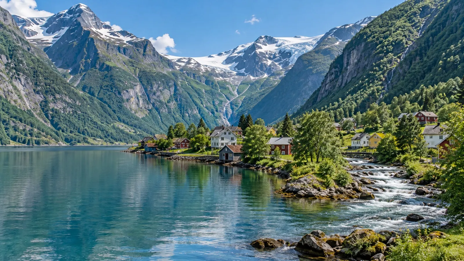 Small Skjolden village beside Lustrafjord