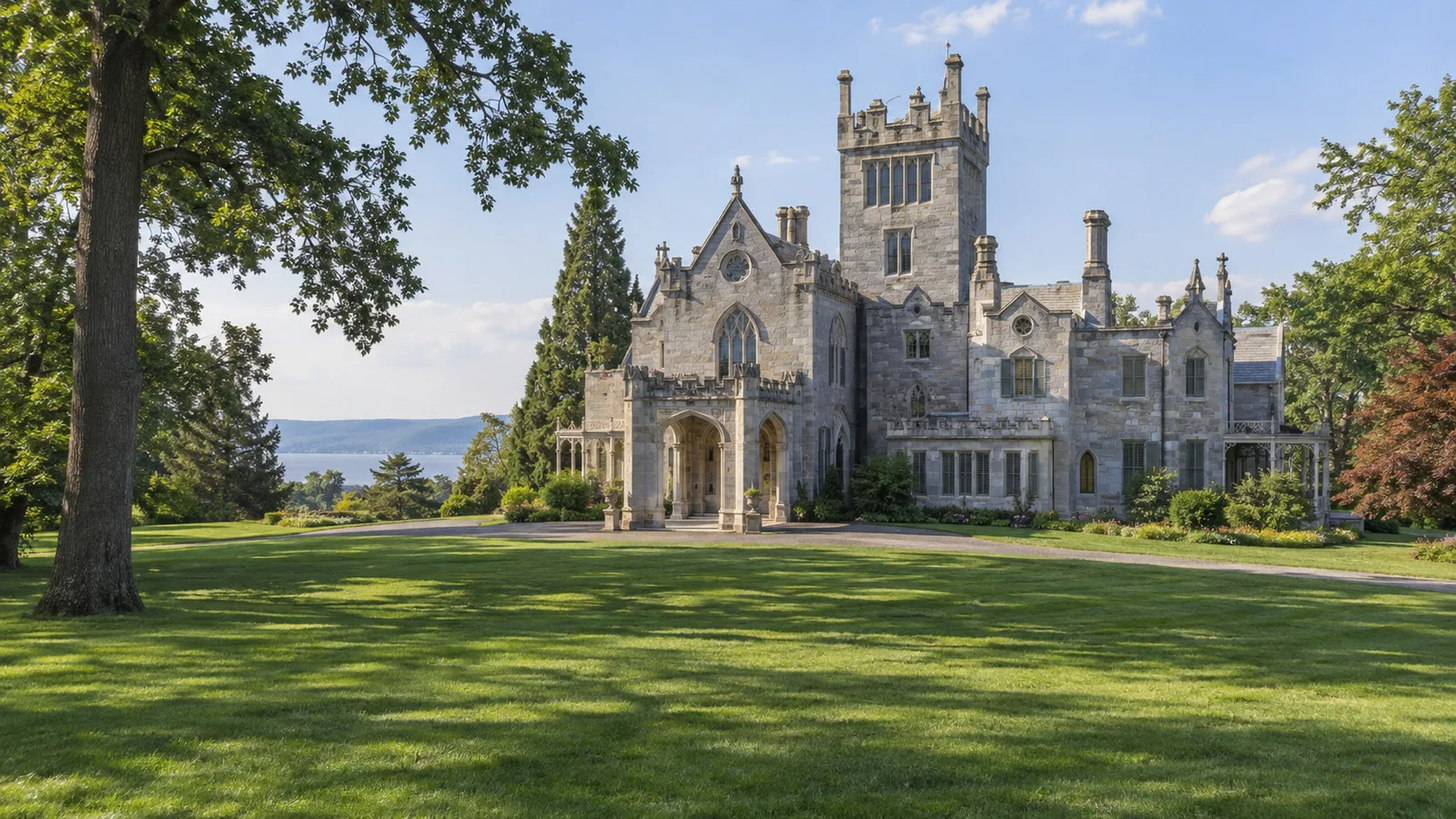 Lyndhurst Mansion on landscaped grounds above the Hudson River