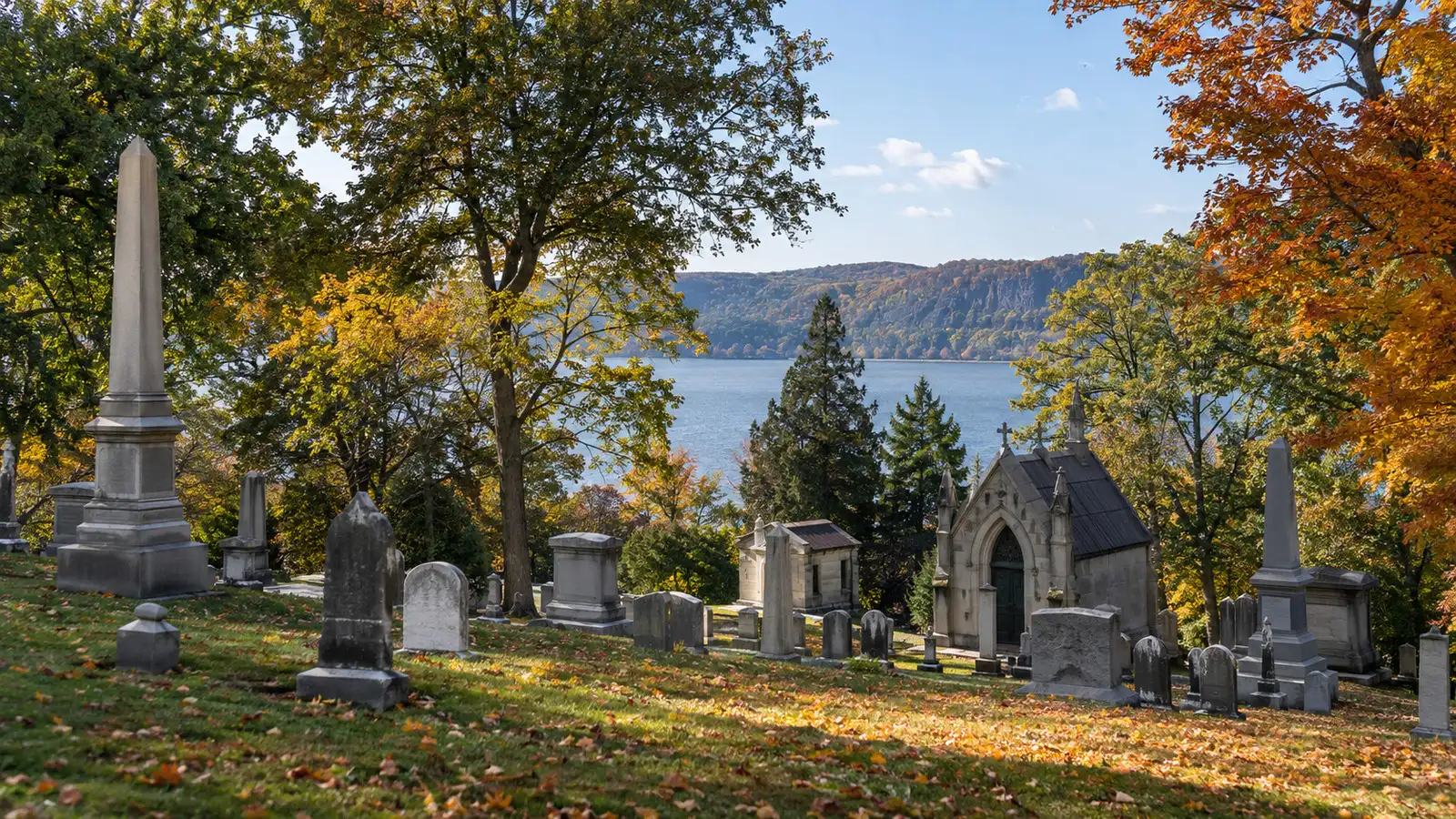 Sleepy Hollow Cemetery headstones and trees
