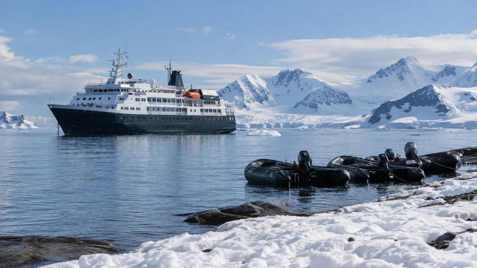 Small expedition ship near Antarctic shore