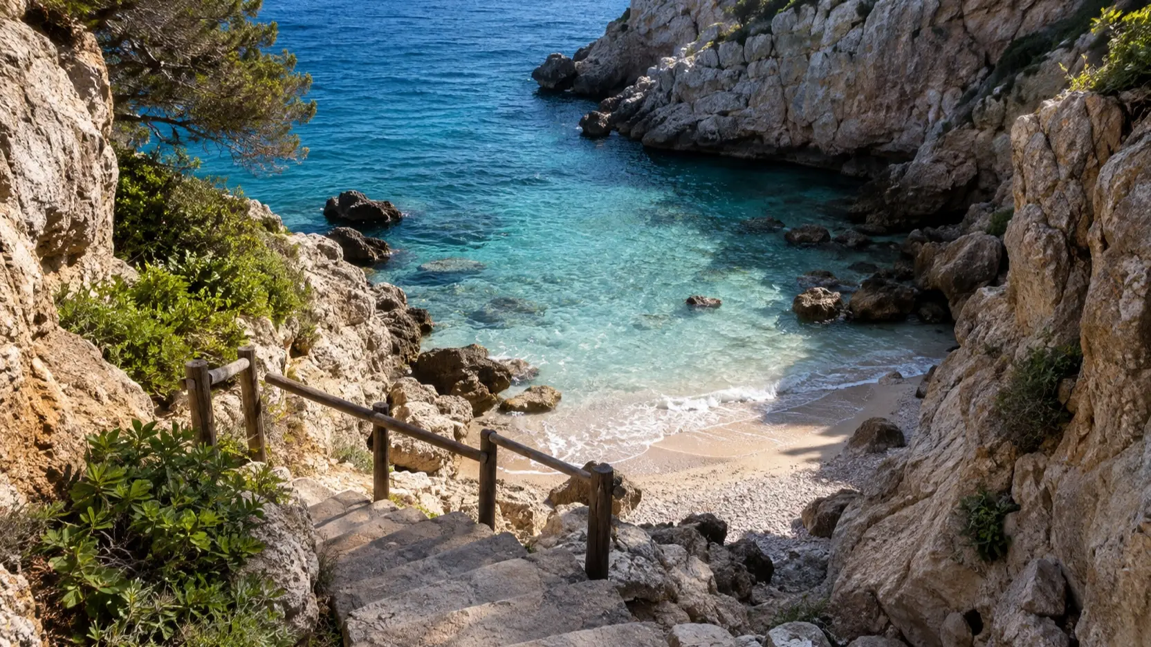 Narrow stairs descending to a small Mediterranean cove beach