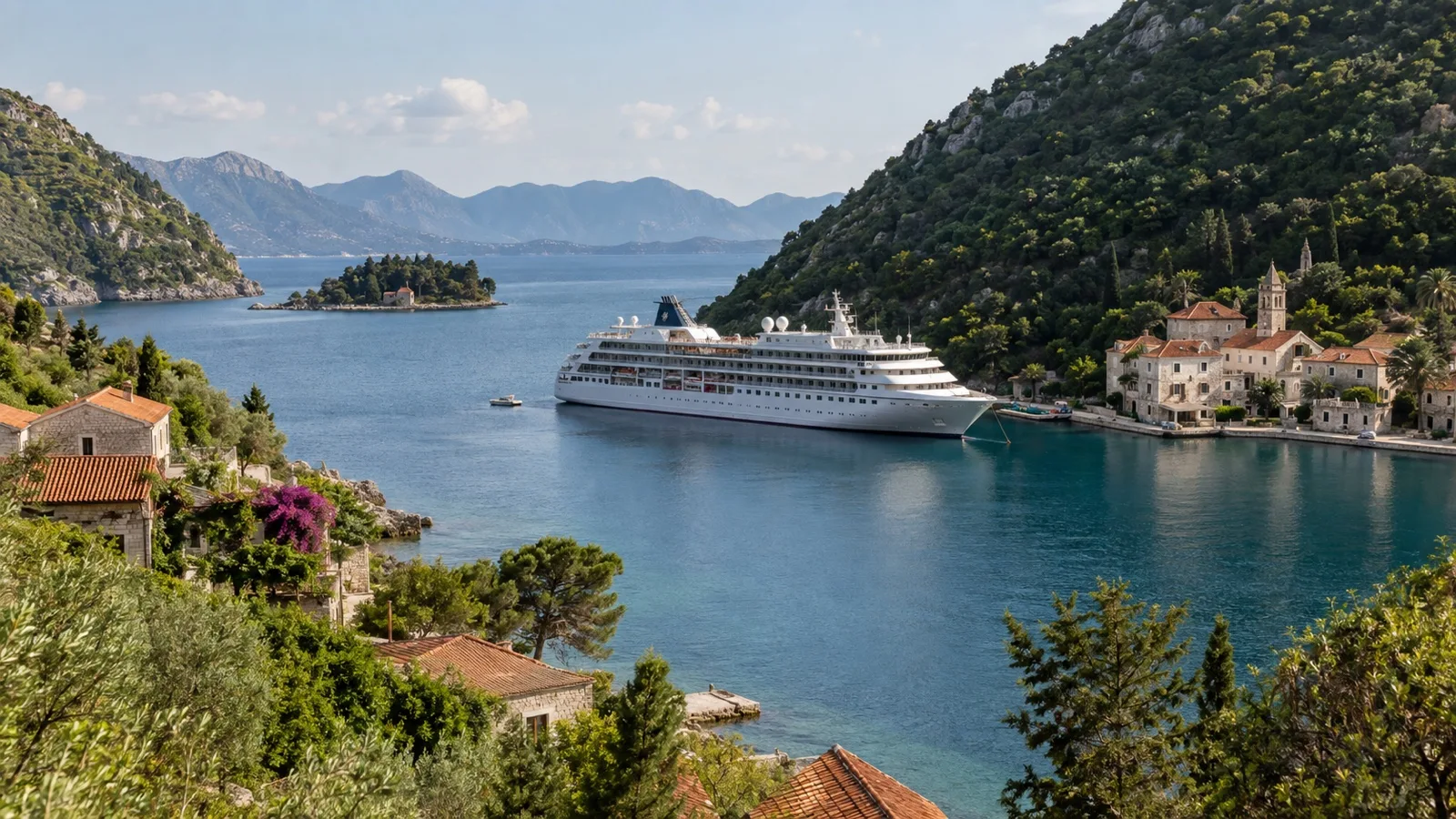 Small cruise ship anchored in a narrow island harbor