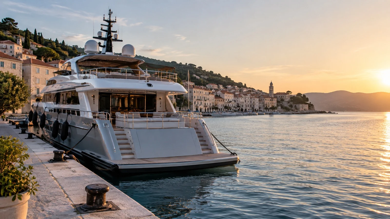 Small luxury cruise yacht in sheltered harbor