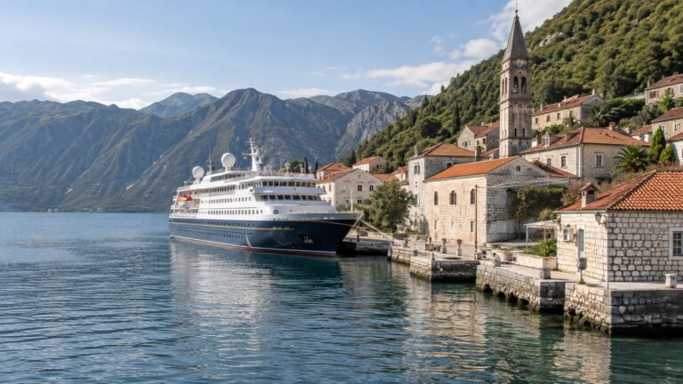 Small cruise ship at compact remote town harbor