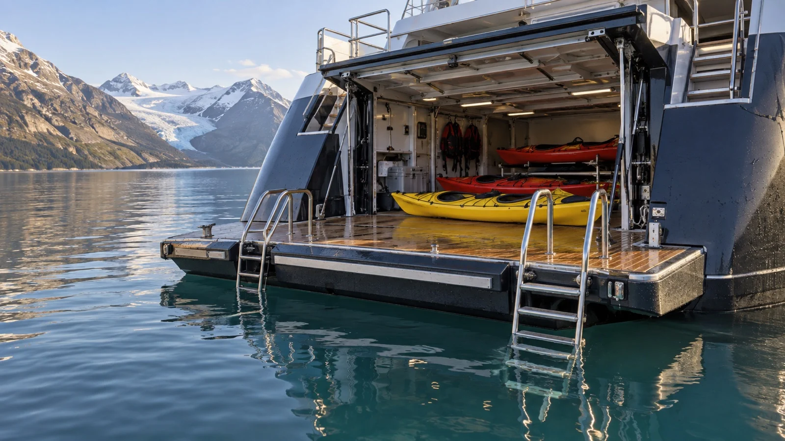 Small expedition cruise ship stern marina platform