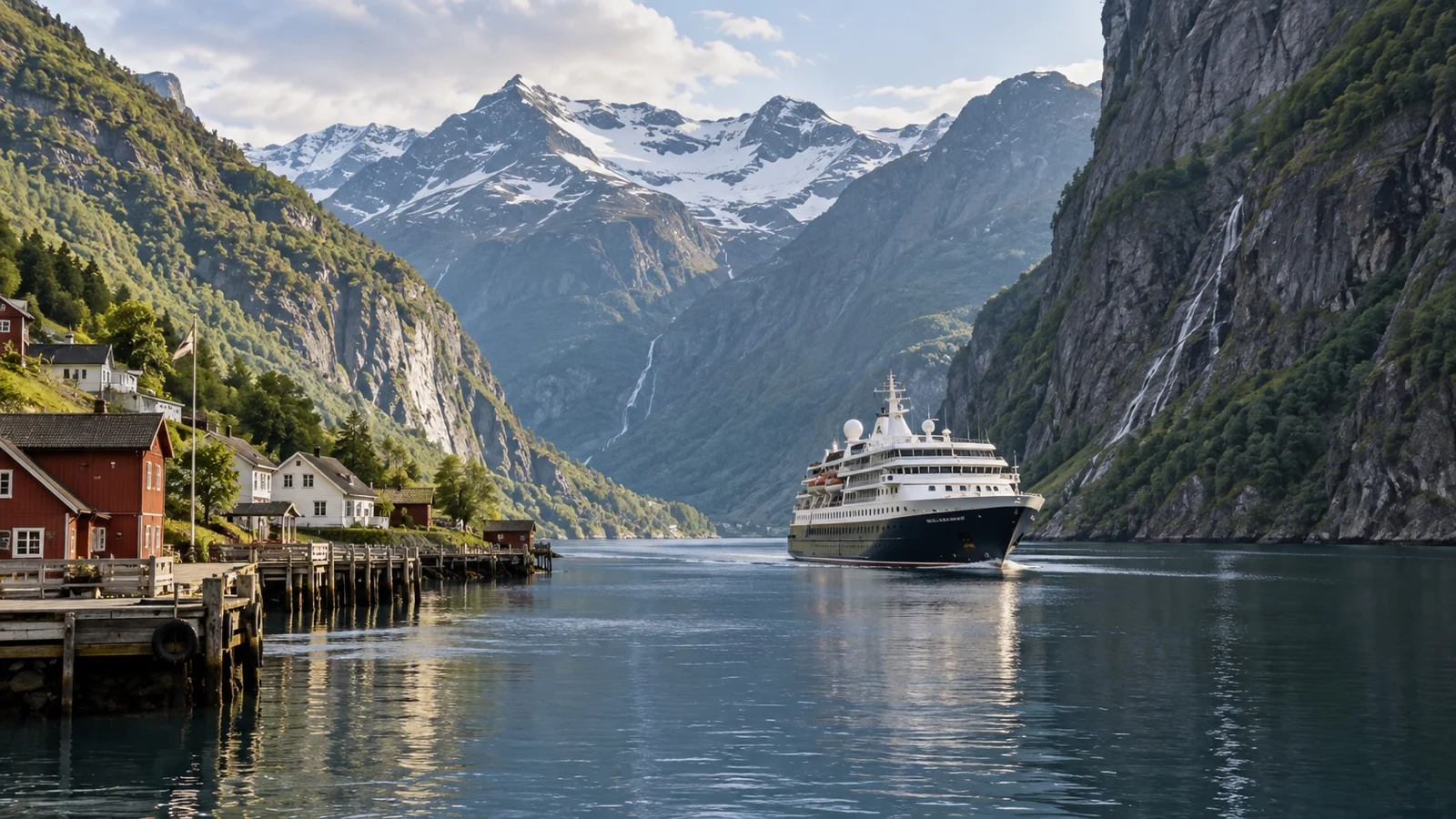 Small cruise ship in narrow fjord