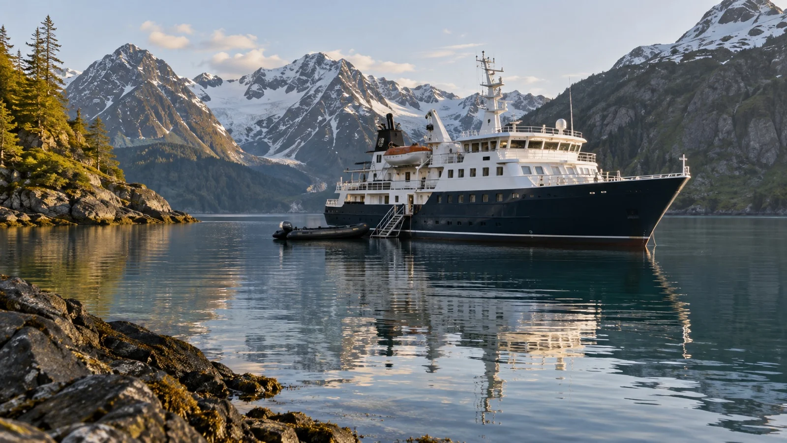 Small cruise ship and empty Zodiac in sheltered cove