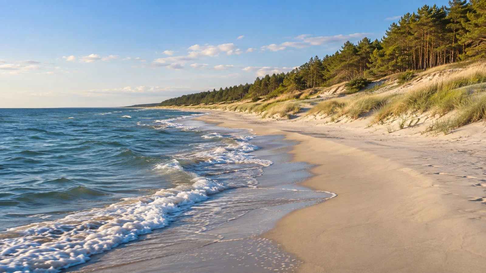 Empty Smiltynė beach backed by pine dunes on the Baltic Sea