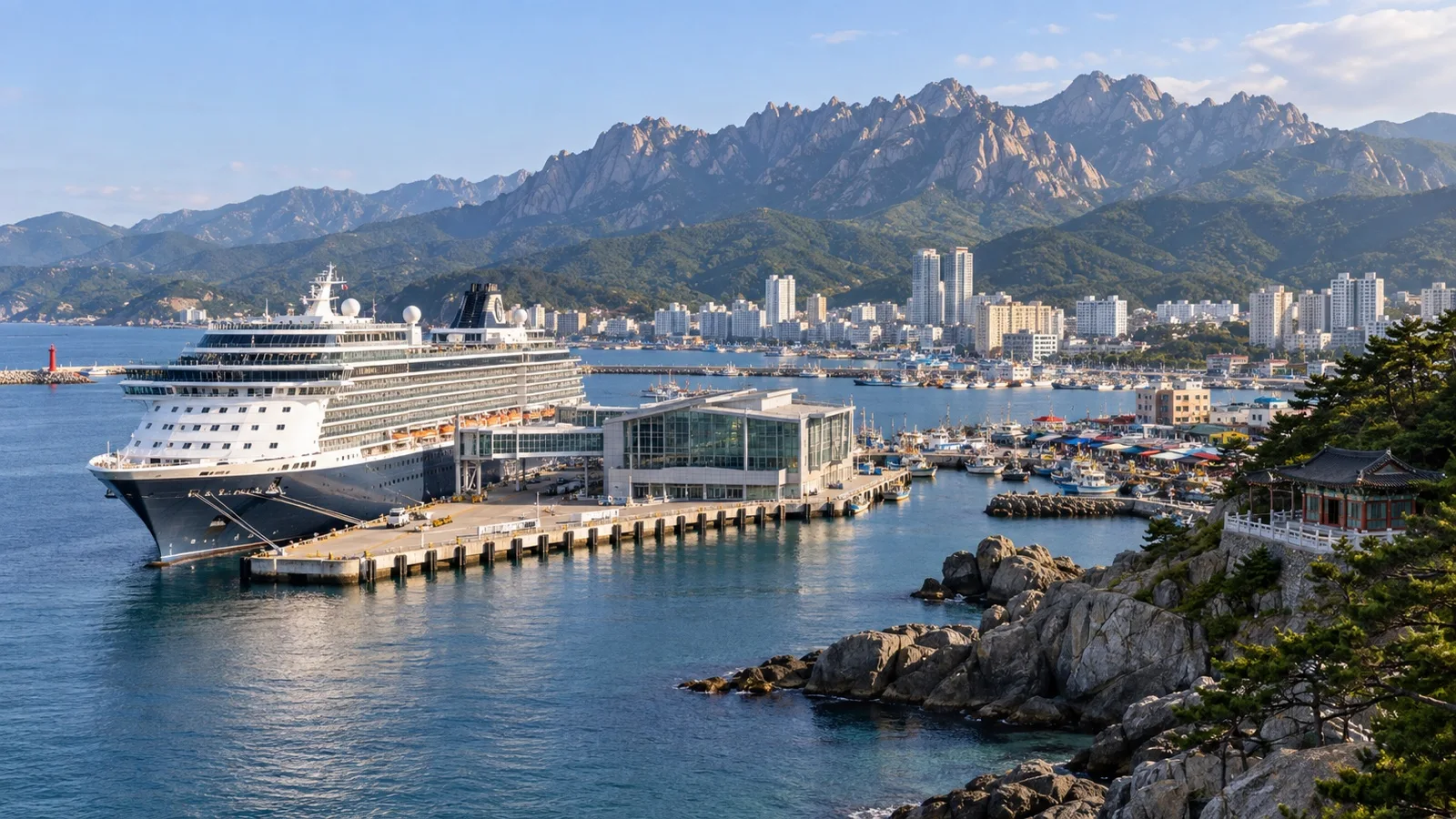 Cruise ship at Sokcho cruise terminal beside East Sea harbor
