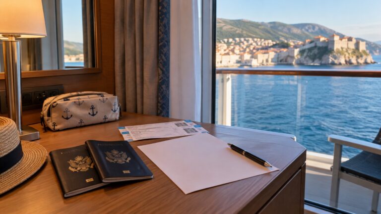 Passports, blank child travel consent letter, and cruise boarding cards arranged on a cabin desk, no readable text