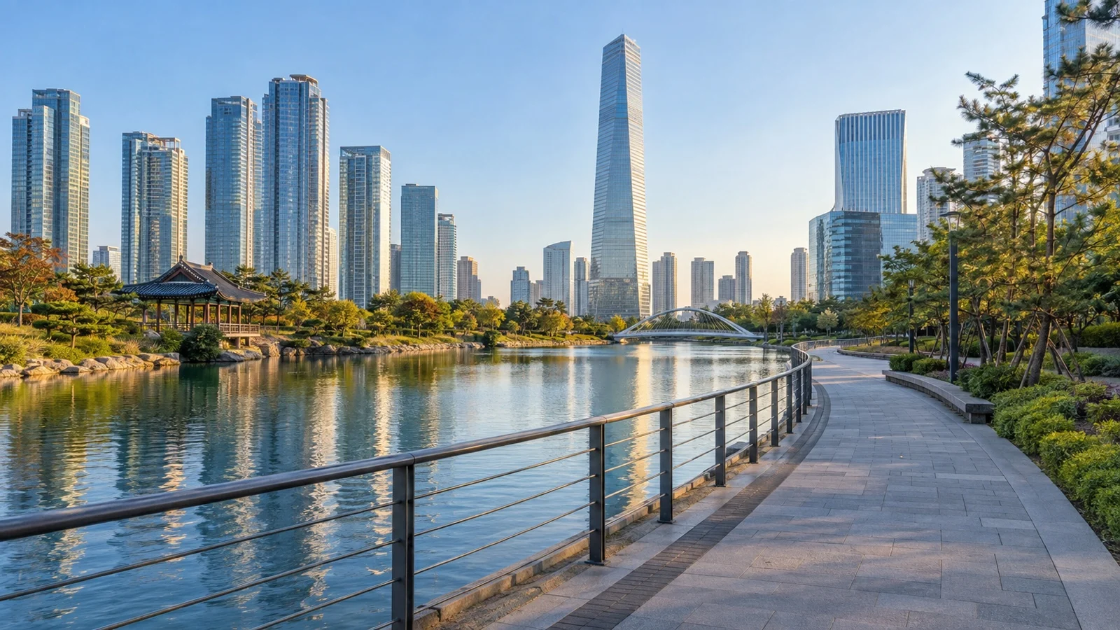 Empty landscaped paths and waterway at Songdo Central Park, Incheon, South Korea