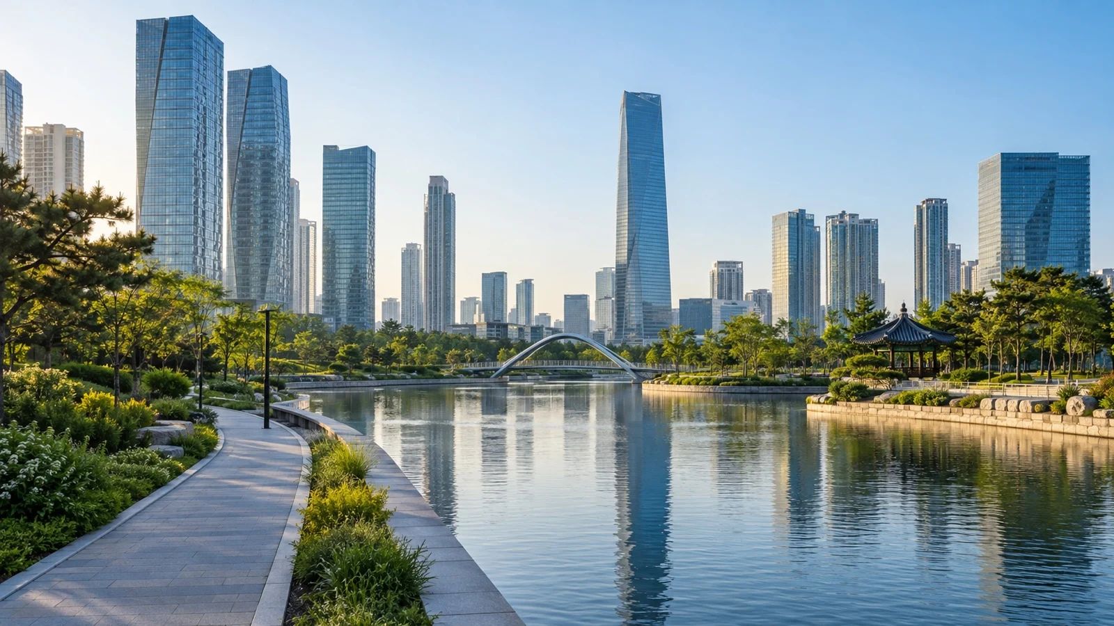Canal and modern towers at Songdo Central Park in Incheon