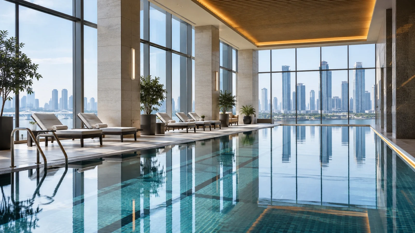 Empty indoor pool of an unbranded modern hotel in Songdo, Incheon