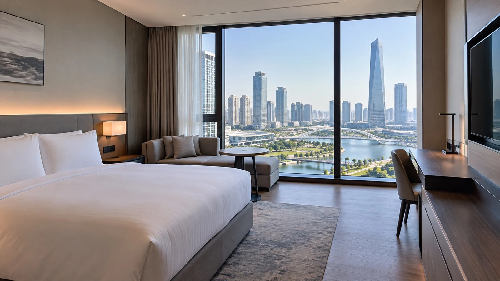 Empty modern unbranded hotel room in Songdo with city skyline view
