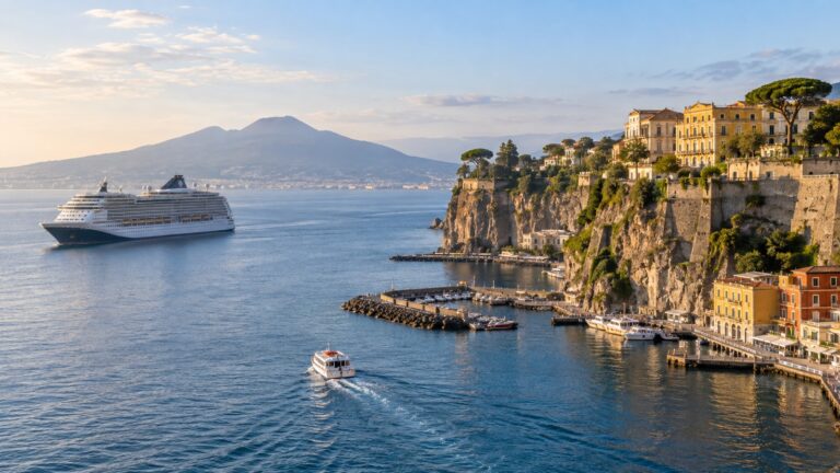 Tender boat approaching Marina Piccola below Sorrento’s high cliffs