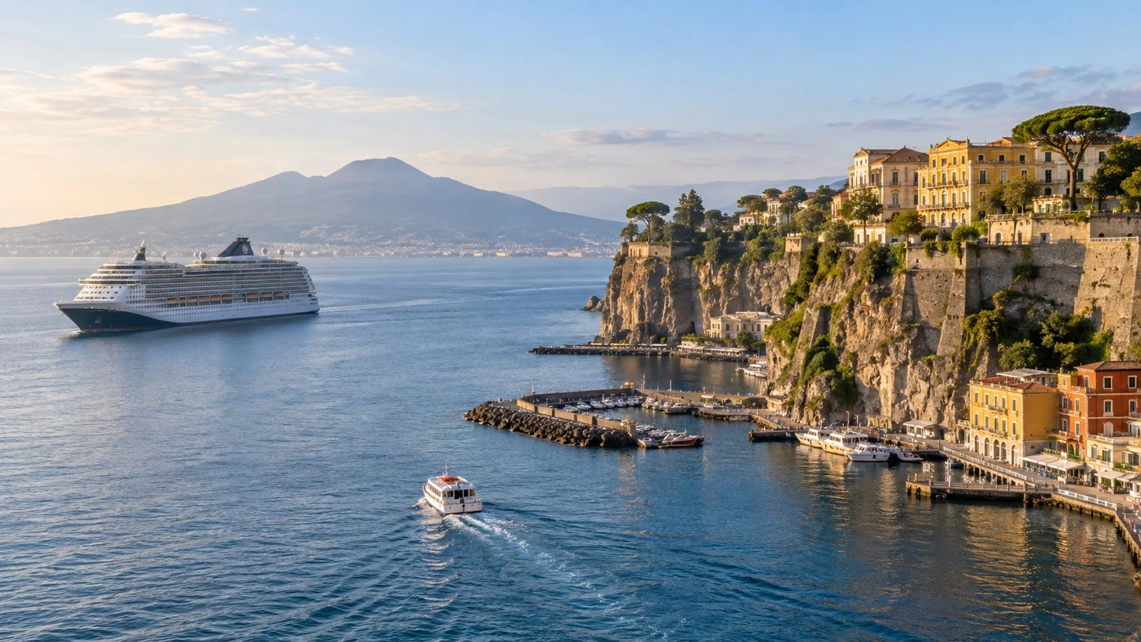 Tender boat approaching Marina Piccola below Sorrento’s high cliffs