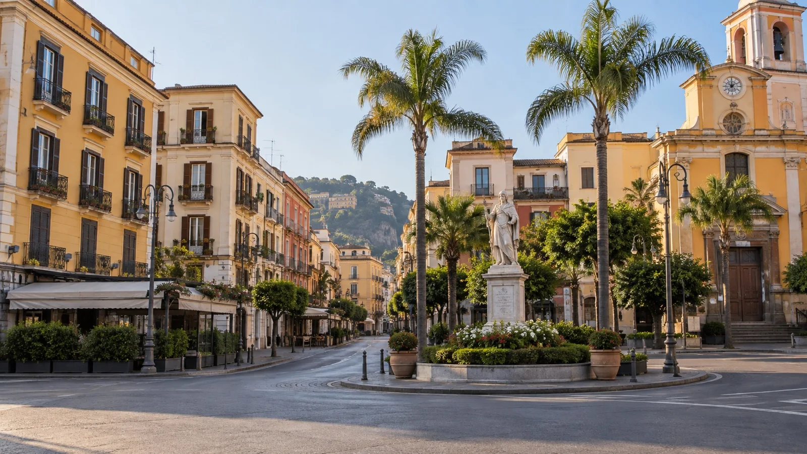 Quiet Piazza Tasso in central Sorrento with historic buildings and palms