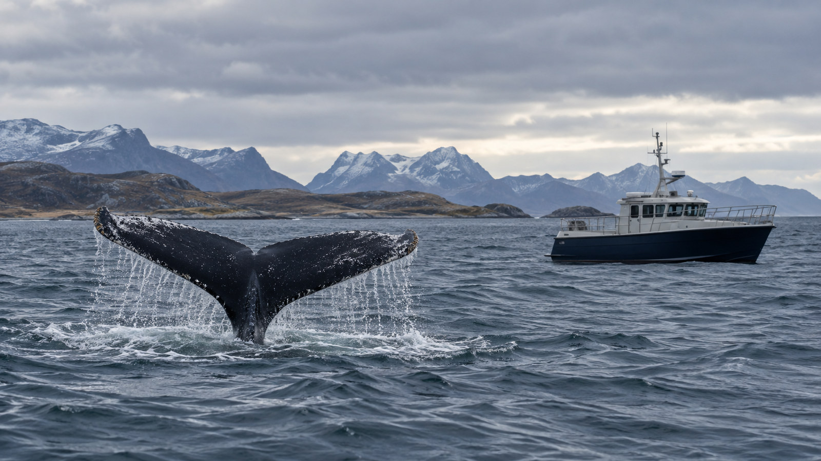Whale tail near an empty Vesterålen whale-watching boat