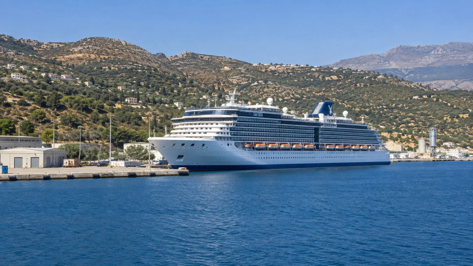 Cruise ship berthed at the commercial quay in Souda Bay, Crete