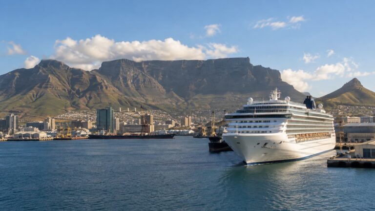 Cruise ship at Cape Town harbor beneath Table Mountain