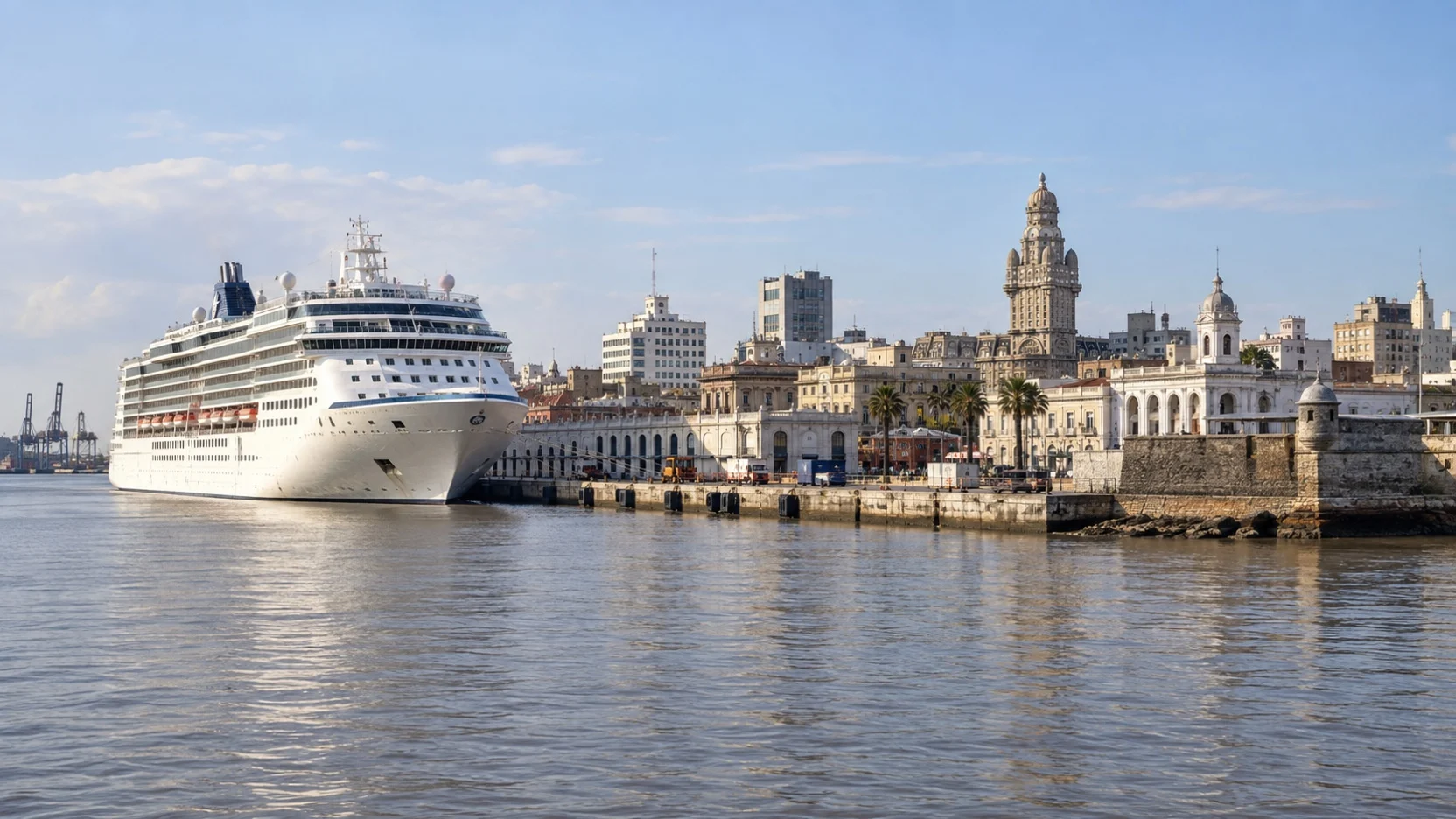 Cruise ship beside Montevideo’s Ciudad Vieja waterfront on the River Plate