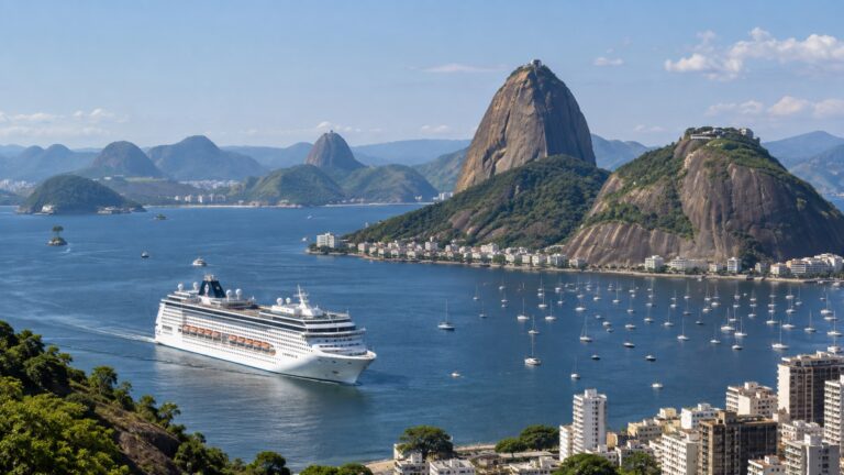 Cruise ship in Rio de Janeiro’s Guanabara Bay near Sugarloaf Mountain