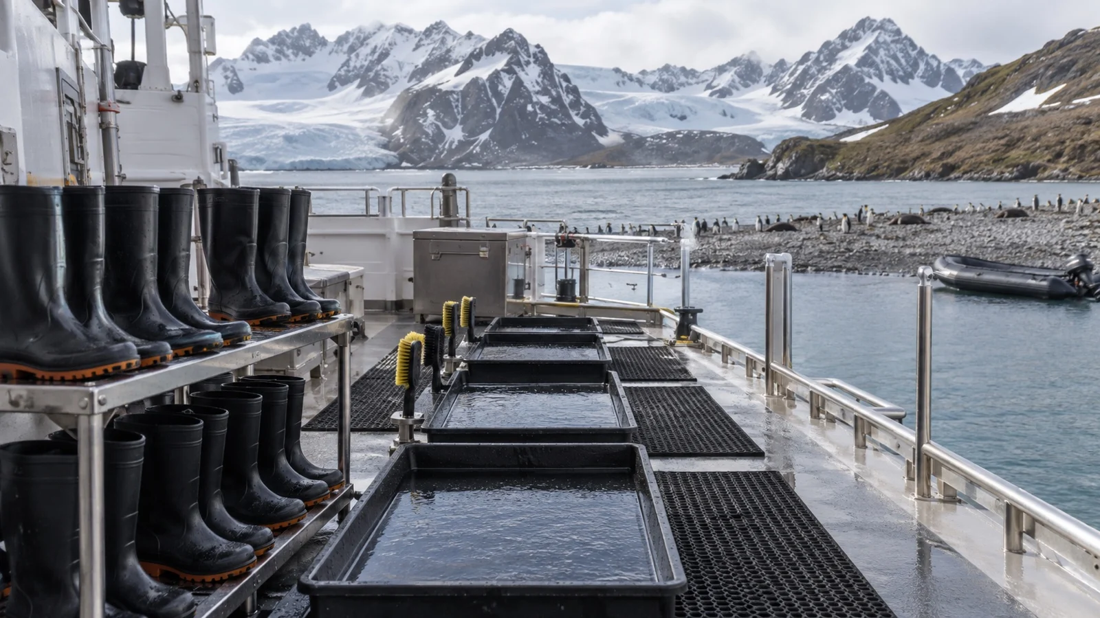 Expedition ship boot wash and brush equipment