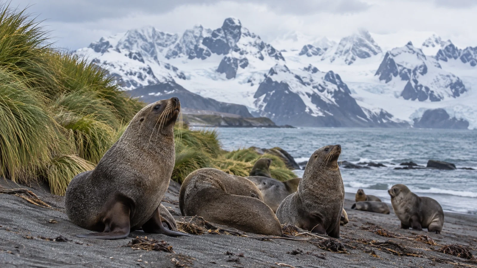Fur seals resting on South Georgia shore