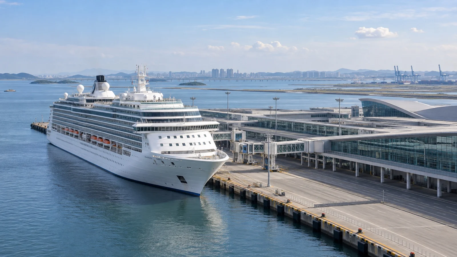Cruise ship at Incheon's modern terminal on the Yellow Sea coast near Seoul