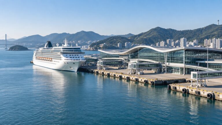Cruise ship beside a modern South Korean terminal with multiple harbor quays