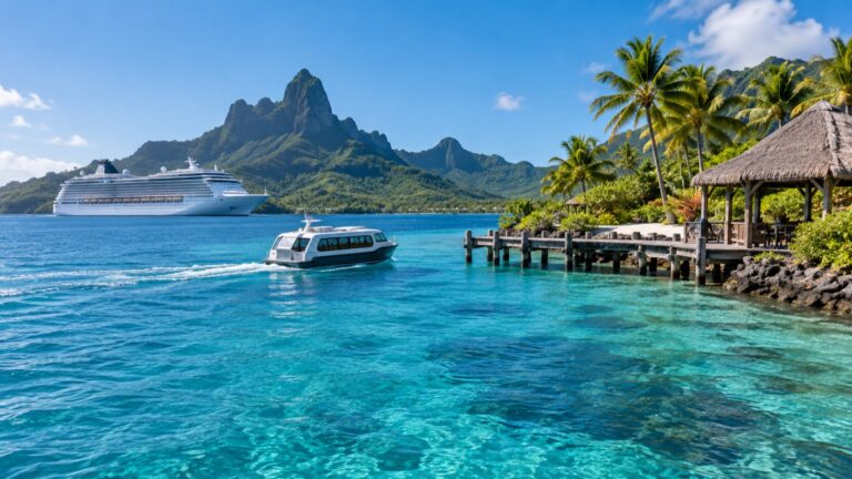 Cruise tender approaching an island pier from a ship anchored in the South Pacific