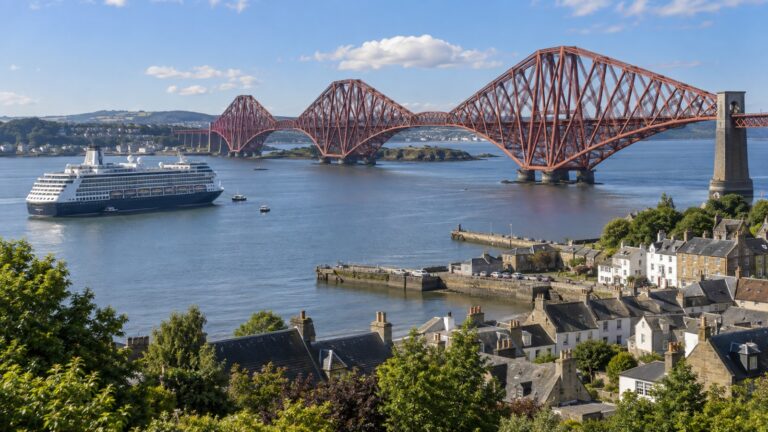 Cruise ship near South Queensferry and the Forth Bridge outside Edinburgh.