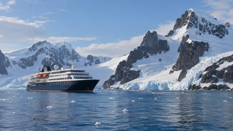 Small Antarctic expedition cruise ship offshore of icy South Shetland Islands volcanic coast, no people