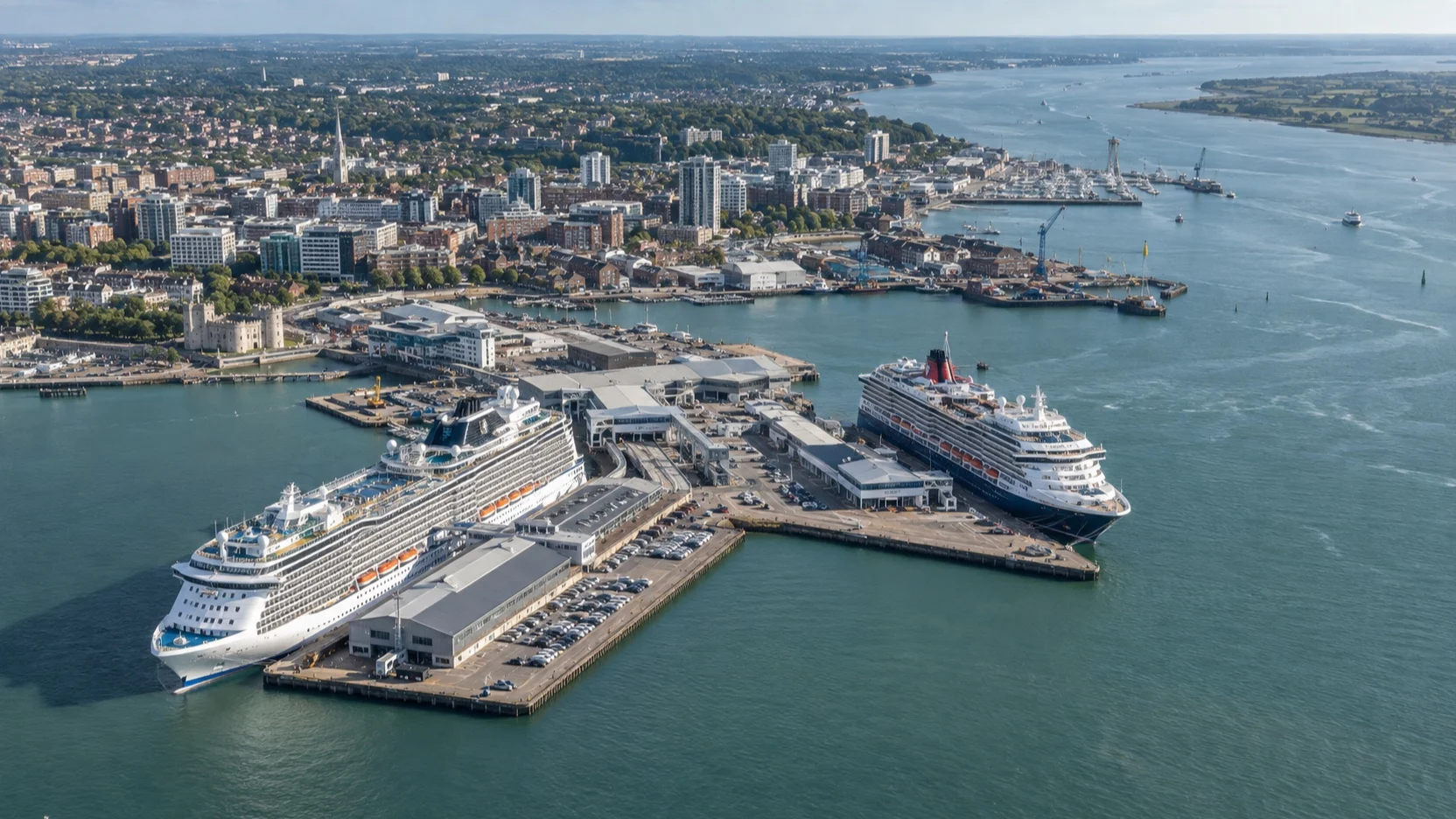 Aerial view of Southampton cruise berths and city