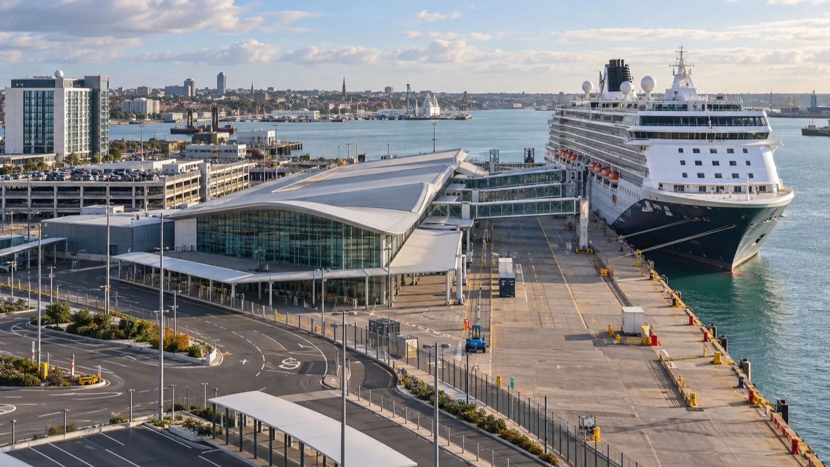 Cruise ship and roads around Southampton's Mayflower Terminal