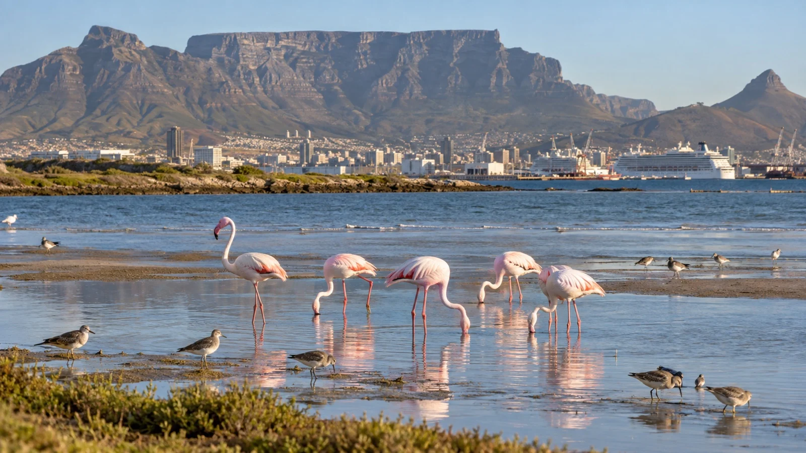 Wild flamingos and shorebirds in lagoon near southern African cruise port