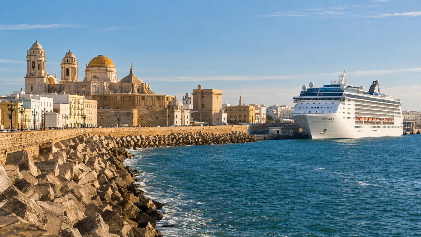 Cruise ship docked beside Cádiz old town