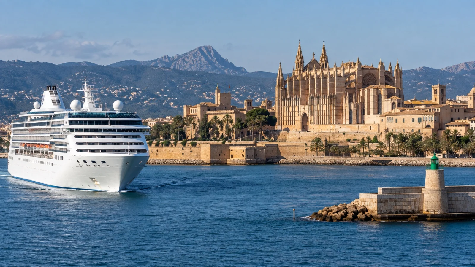 Cruise ship near Palma de Mallorca cathedral