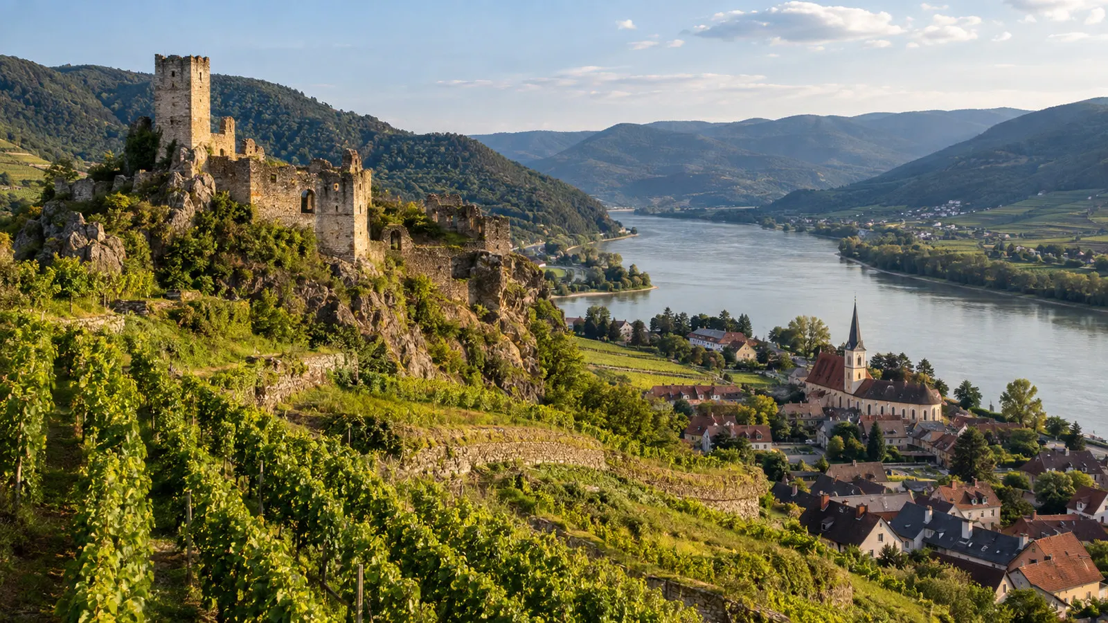 Hinterhaus castle ruins above Spitz an der Donau Austria with vineyards and Danube valley panorama, no people