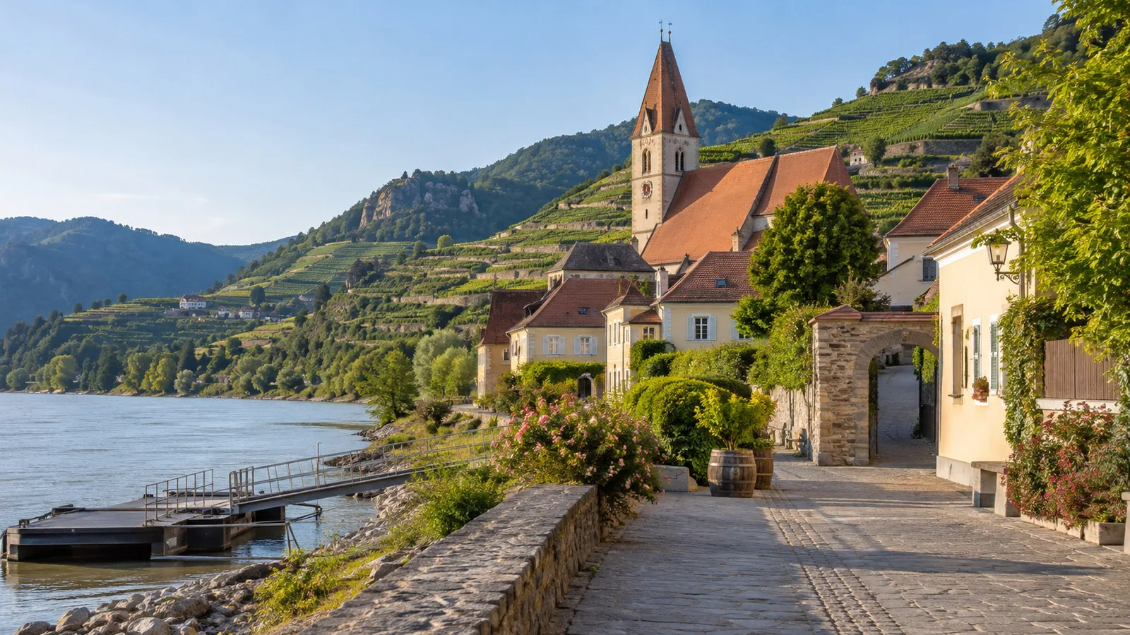 Path from Spitz Danube riverfront into wine village with terraced vine slopes and church, no people