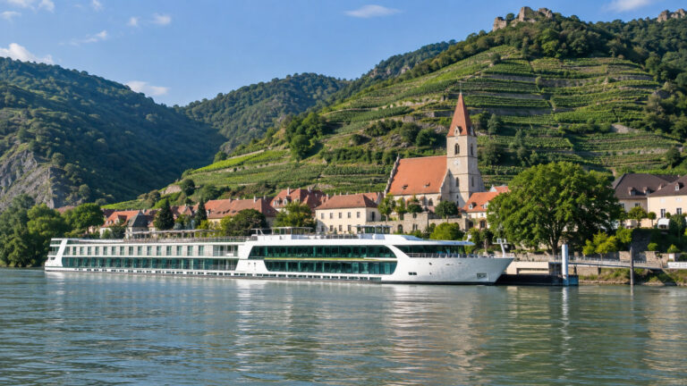 River cruise vessel moored at Spitz an der Donau Austria Wachau valley with terraced vineyards and village, no people