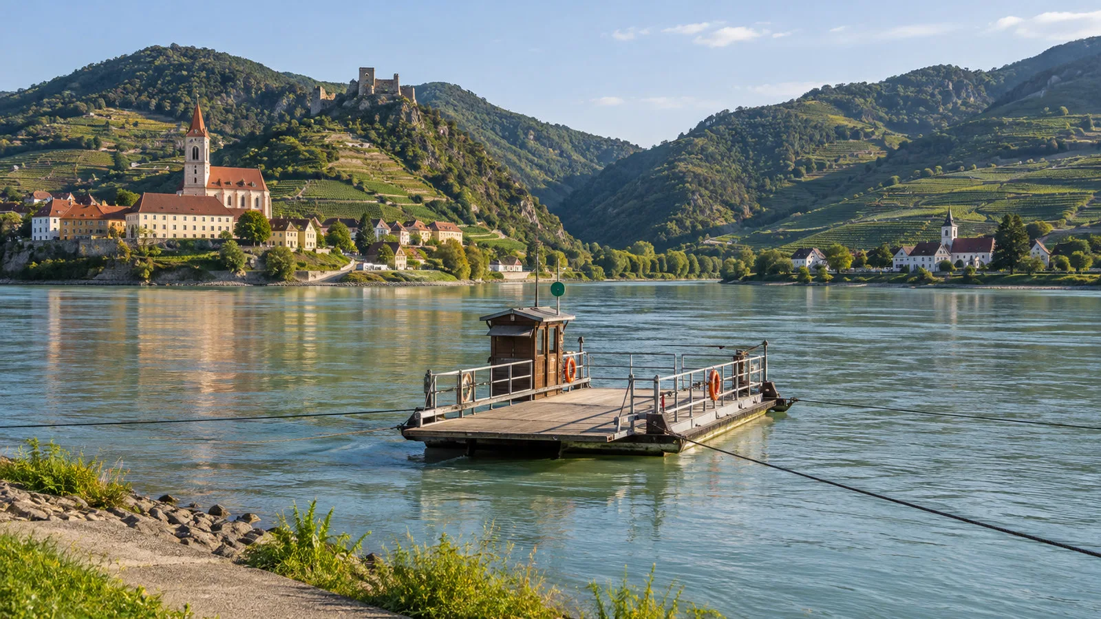Small rope ferry crossing Danube between Spitz and Arnsdorf Austria with vineyards on both banks, no people visible