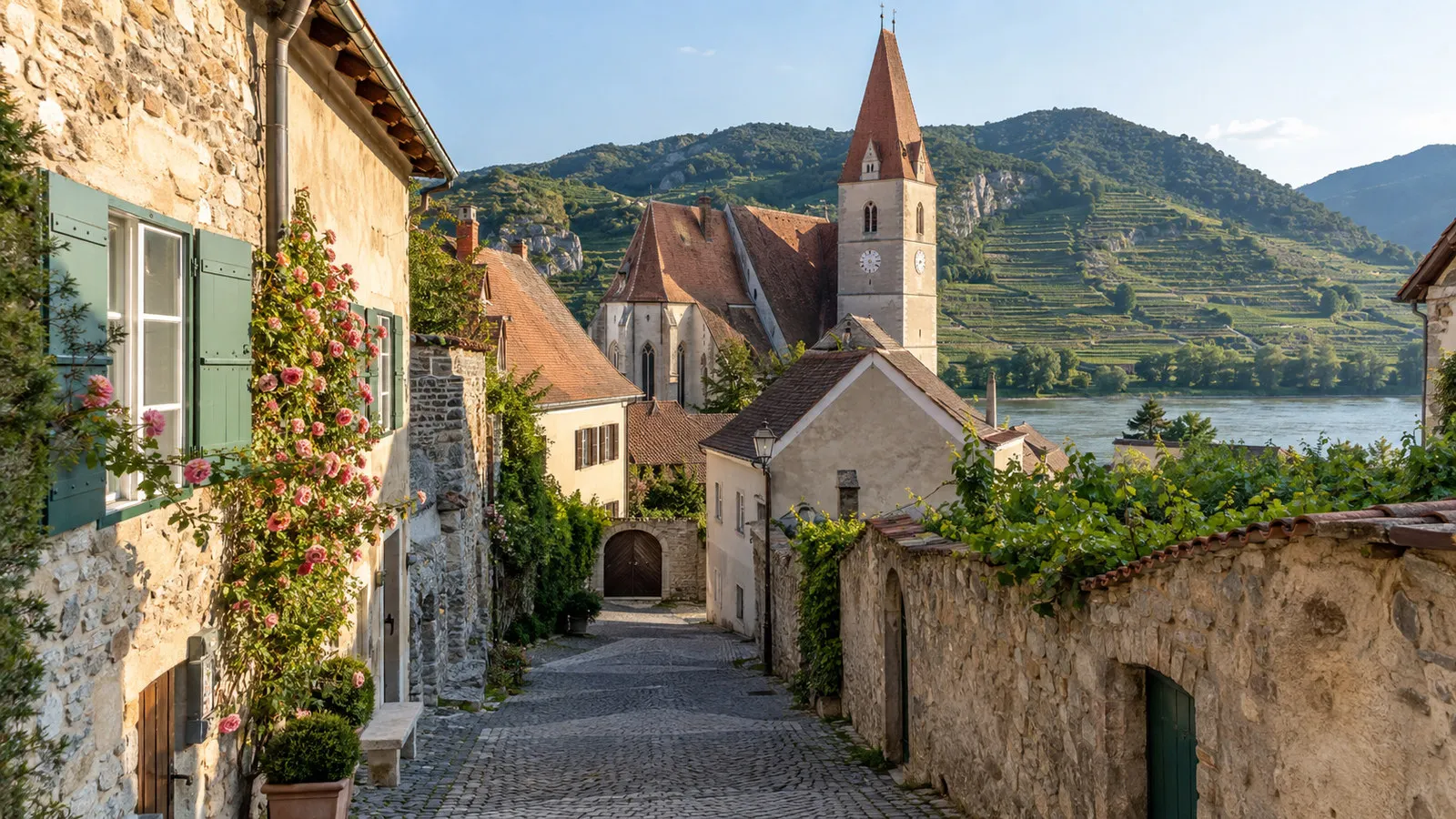Spitz an der Donau Austria parish church and narrow historic lanes with old stone houses, no people