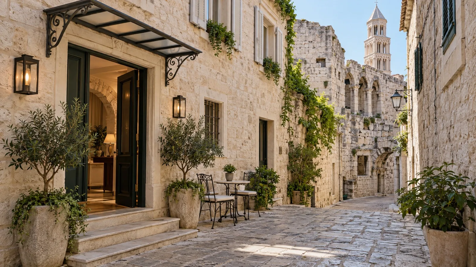 Restored boutique hotel within Split old town near Diocletian's Palace, pale stone facade and quiet lane