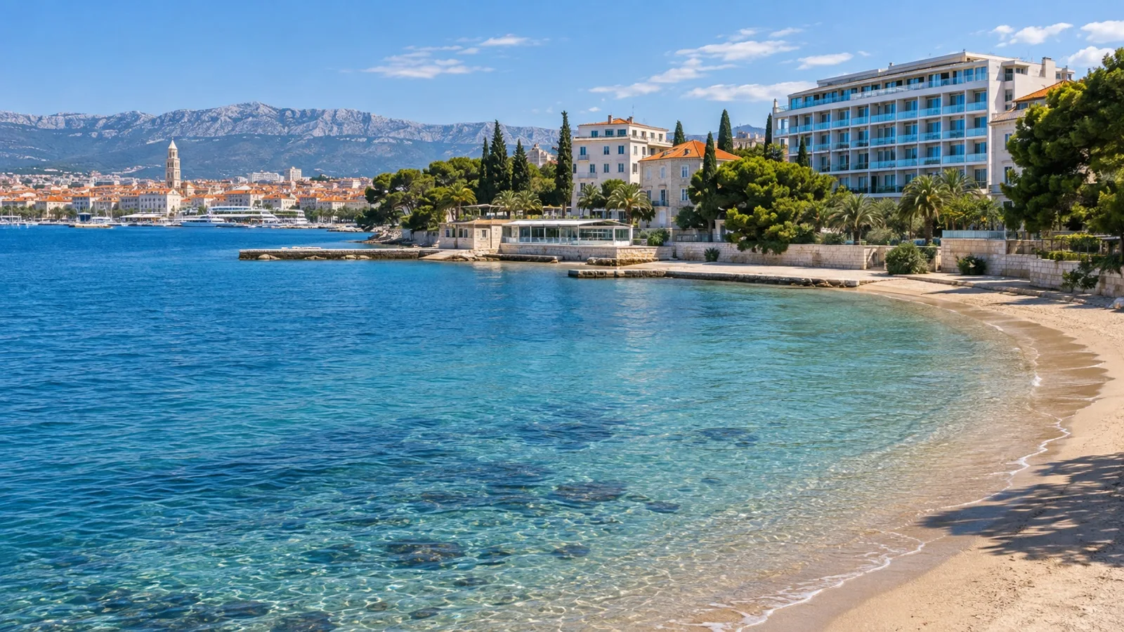 Bačvice beach and eastern Split waterfront with coastal hotels and blue Adriatic water